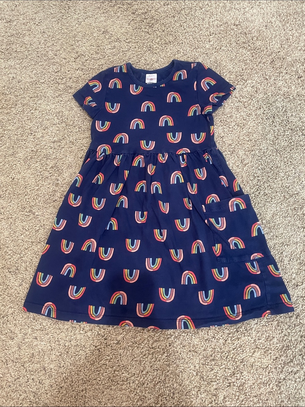 Hannah Andersson Girls Navy Rainbow Print Short Sleeve Dress
